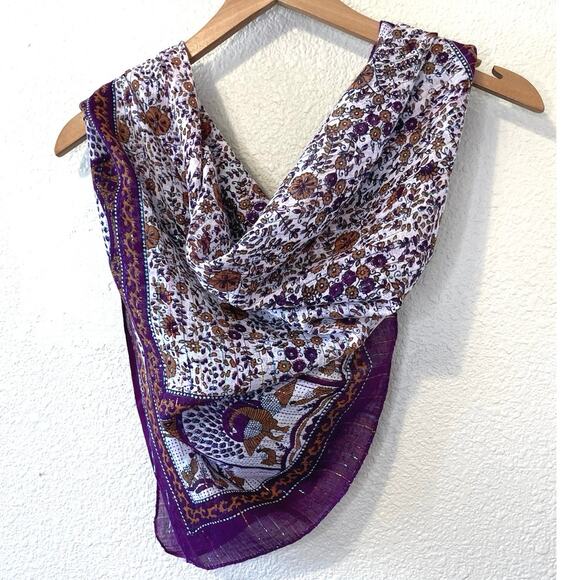 Bohemian Purple & Gold Floral & Peacock Printed Tinsel Square Scarf Summer Style - Picture 1 of 10